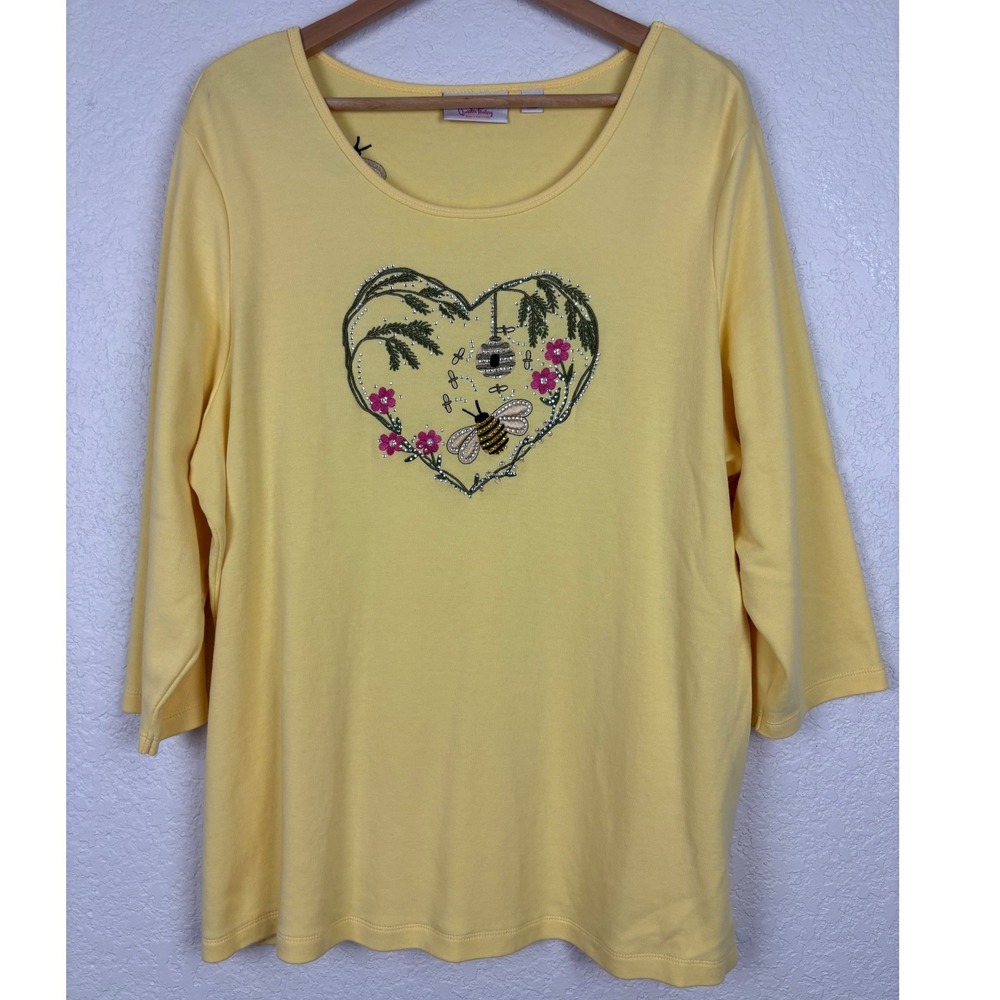 Quacker Factory Yellow Bee Heart Embroidered Rhinestone Top XL 3/4 Sleeve Cotton